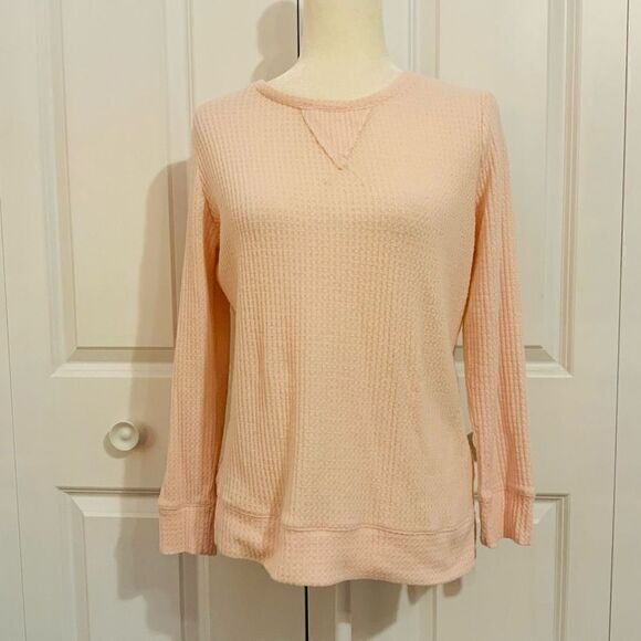 Green Tea Light Blush Pink Waffle Knit Thermal Long Sleeve Sweater Medium - Picture 2 of 11